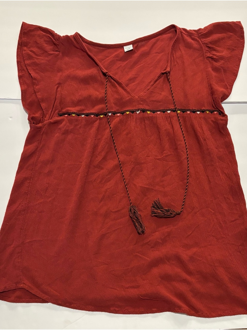 Old Navy Brick Red V-Neck Tassel Peasant Blouse